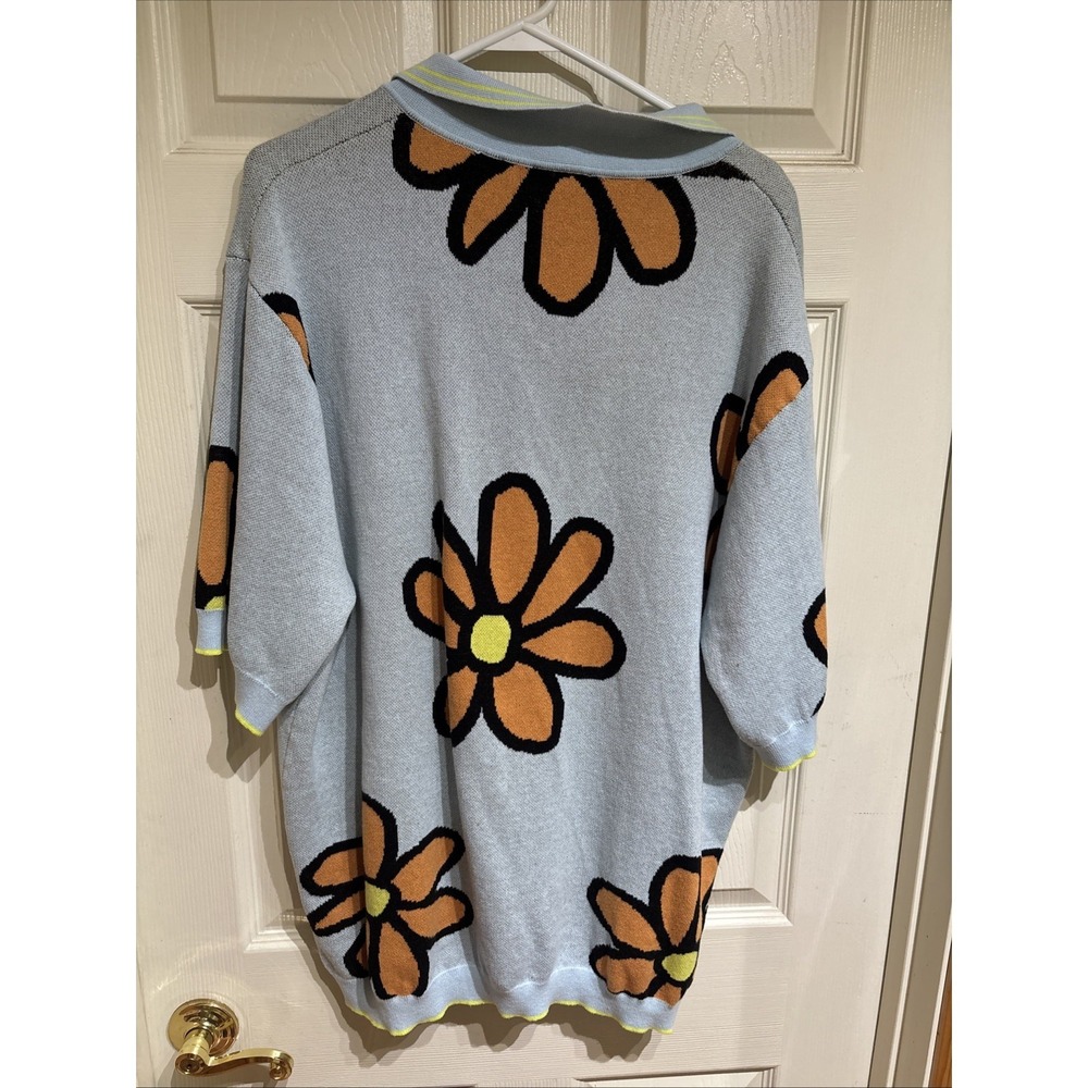 Short Sleeve Polo Sweater Blue Orange Daisy Floral Knit Button Up Unisex - Picture 3 of 6